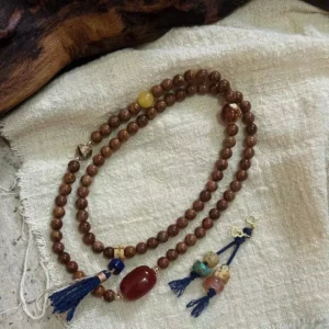 Cook Island Red Coral Amber Honey Amber Lapis Lazuli Gold Plated Silver Mala Bracelet