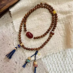 Cook Island Red Coral Amber Honey Amber Lapis Lazuli Gold Plated Silver Mala Bracelet