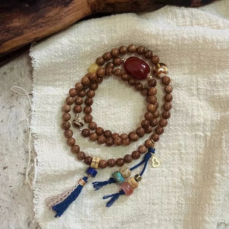 Cook Island Red Coral Amber Honey Amber Lapis Lazuli Gold Plated Silver Mala Bracelet