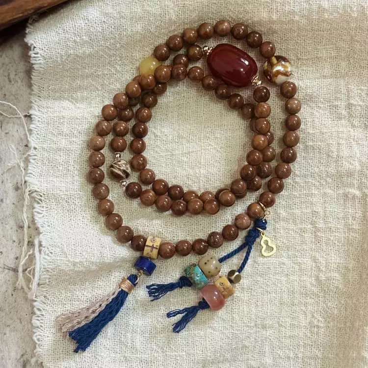 Cook Island Red Coral Amber Honey Amber Lapis Lazuli Gold Plated Silver Mala Bracelet