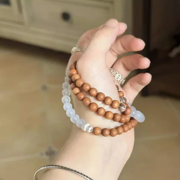 Sandalwood Blue Agate Silver Triple-Strand Bracelet Prayer Beads Mala