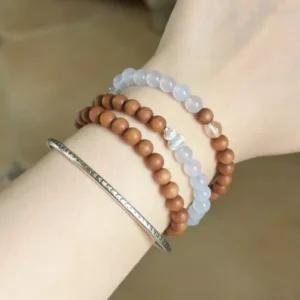 Sandalwood Blue Agate Silver Triple-Strand Bracelet Prayer Beads Mala