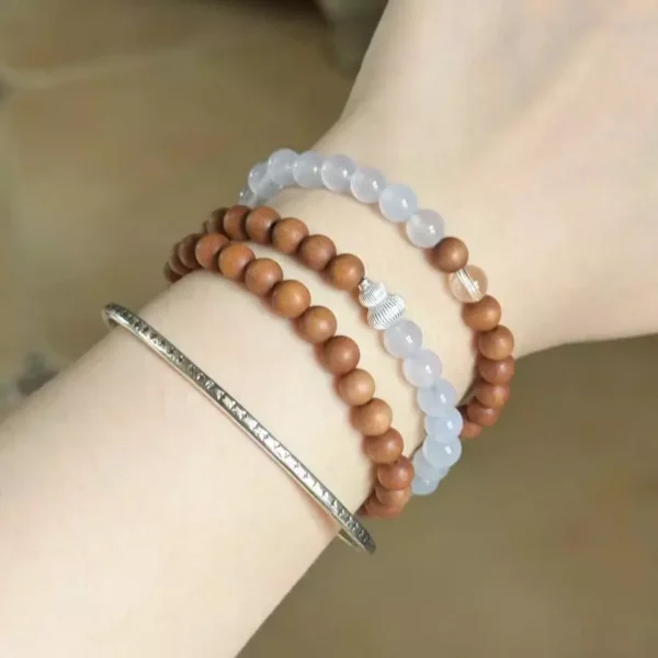 Sandalwood Blue Agate Silver Triple-Strand Bracelet Prayer Beads Mala