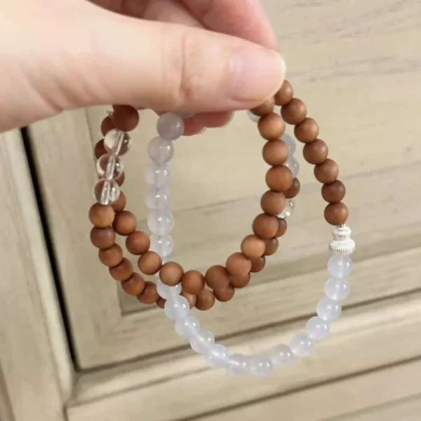 Sandalwood Blue Agate Silver Triple-Strand Bracelet Prayer Beads Mala