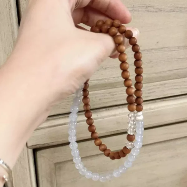 Sandalwood Blue Agate Silver Triple-Strand Bracelet Prayer Beads Mala