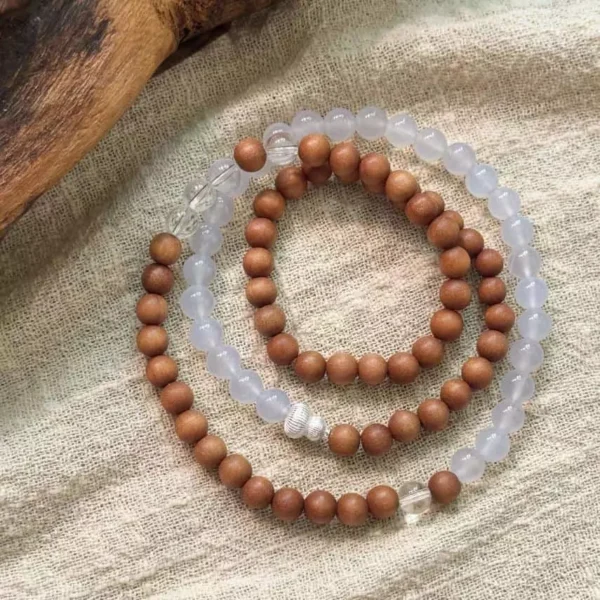 Sandalwood Blue Agate Silver Triple-Strand Bracelet Prayer Beads Mala