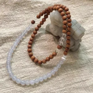 Sandalwood Blue Agate Silver Triple-Strand Bracelet Prayer Beads Mala