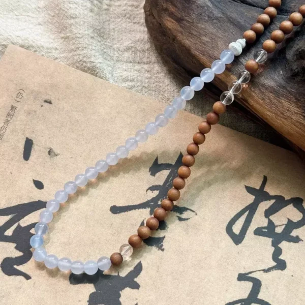 Sandalwood Blue Agate Silver Triple-Strand Bracelet Prayer Beads Mala