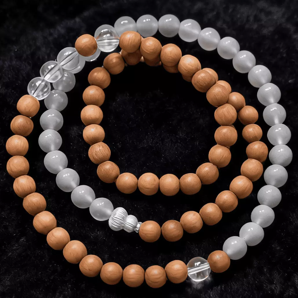 Sandalwood Blue Agate Silver Triple-Strand Bracelet Prayer Beads Mala