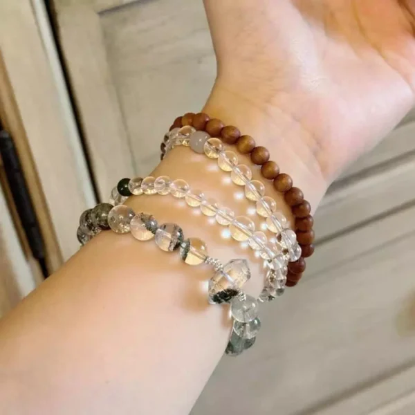 Sandalwood White Crystal Green Phantom Triple-Strand Bracelet Prayer Beads Mala
