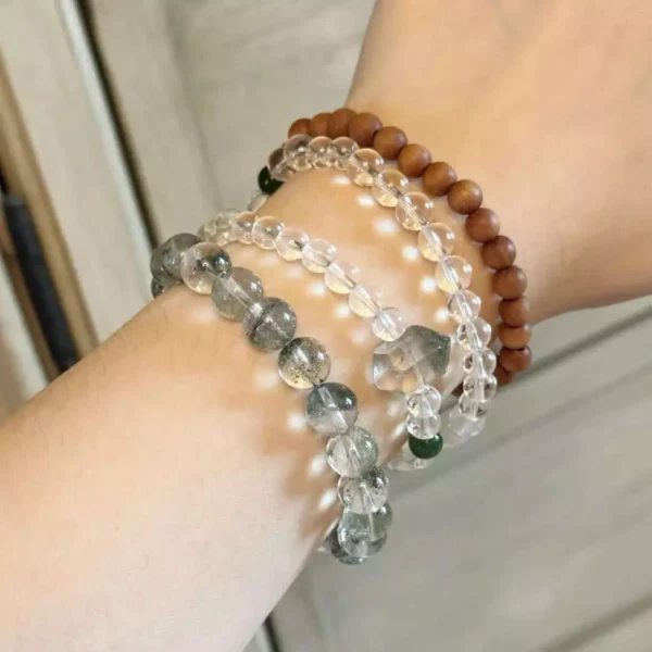 Sandalwood White Crystal Green Phantom Triple-Strand Bracelet Prayer Beads Mala