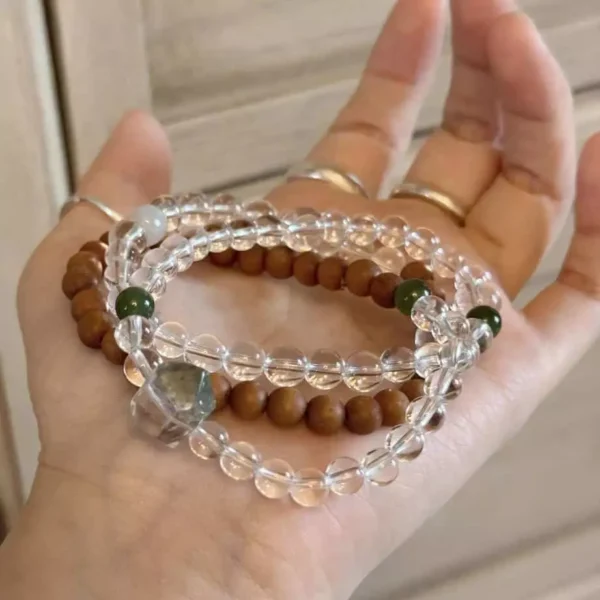 Sandalwood White Crystal Green Phantom Triple-Strand Bracelet Prayer Beads Mala