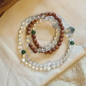 Sandalwood White Crystal Green Phantom Triple-Strand Bracelet Prayer Beads Mala