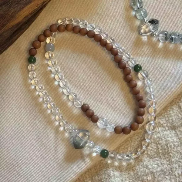 Sandalwood White Crystal Green Phantom Triple-Strand Bracelet Prayer Beads Mala