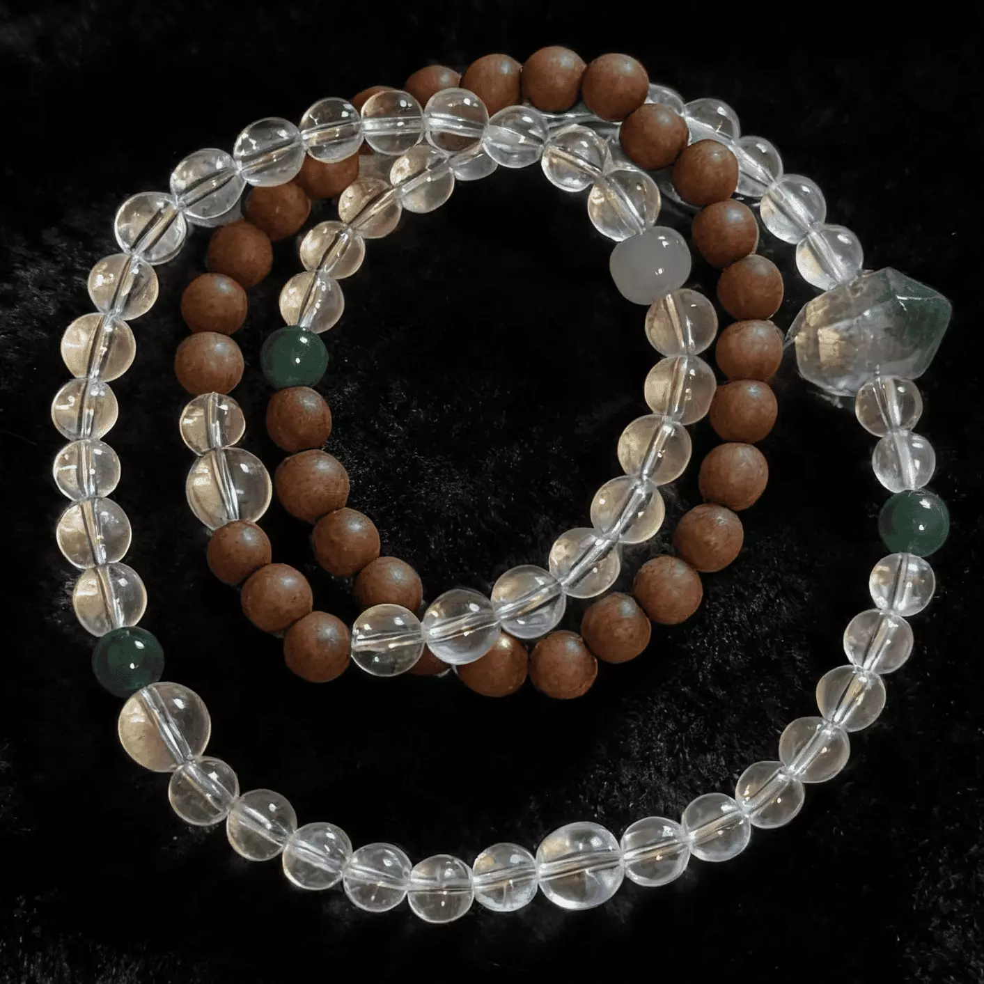 Sandalwood White Crystal Green Phantom Triple-Strand Bracelet Prayer Beads Mala